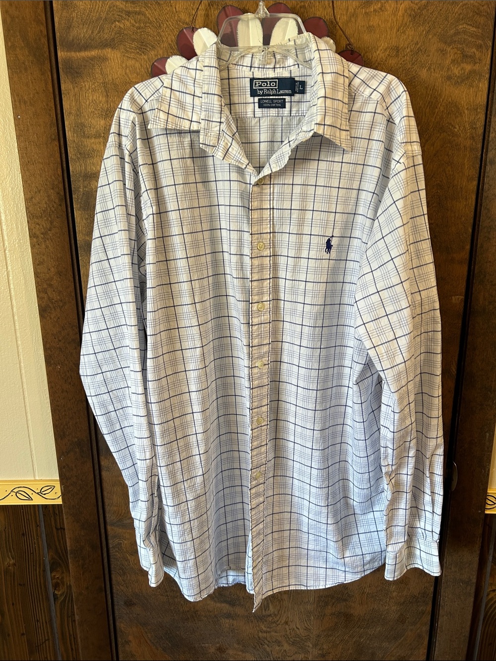Polo by Ralph Lauren White and Blue Grid Button-Down Shirt L Lowell Sport